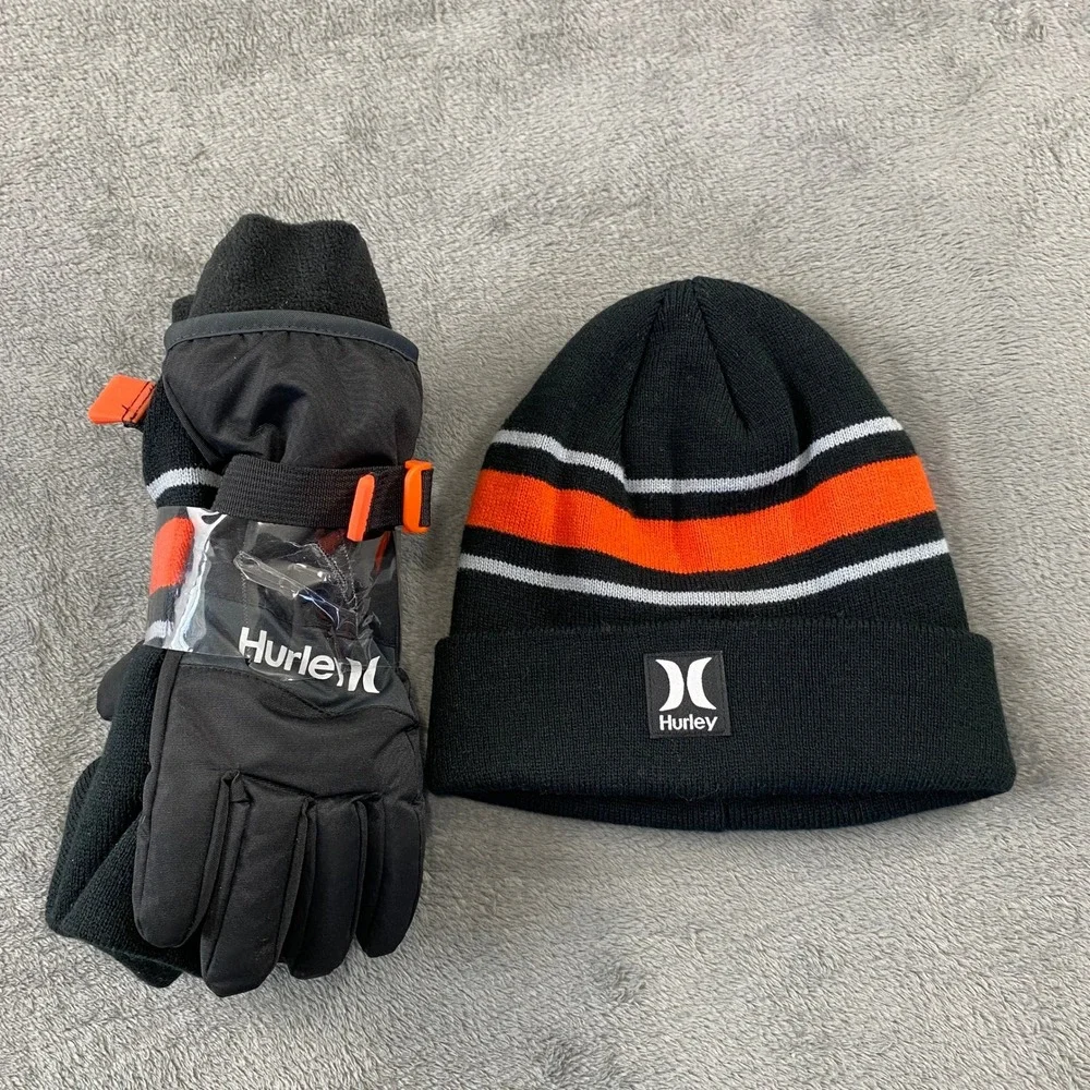 Hurley Beanie and Gloves Set Youth OS Black Orange Striped Winter Ski Hiking